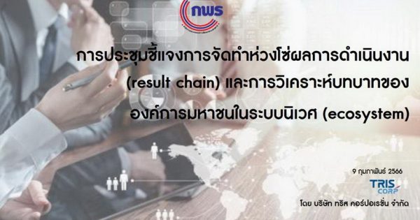 สำนักงาน ก.พ.ร. ร่วมกับบริษัท ทริส คอร์ปอเรชั่น จำกัด จัดการประชุมชี้แจงการจัดทำห่วงโซ่ผลการดำเนินงาน (result chain) และการวิเคราะห์บทบาทขององค์การมหาชนในระบบนิเวศ (ecosystem) ผ่านสื่ออิเล็กทรอนิกส์